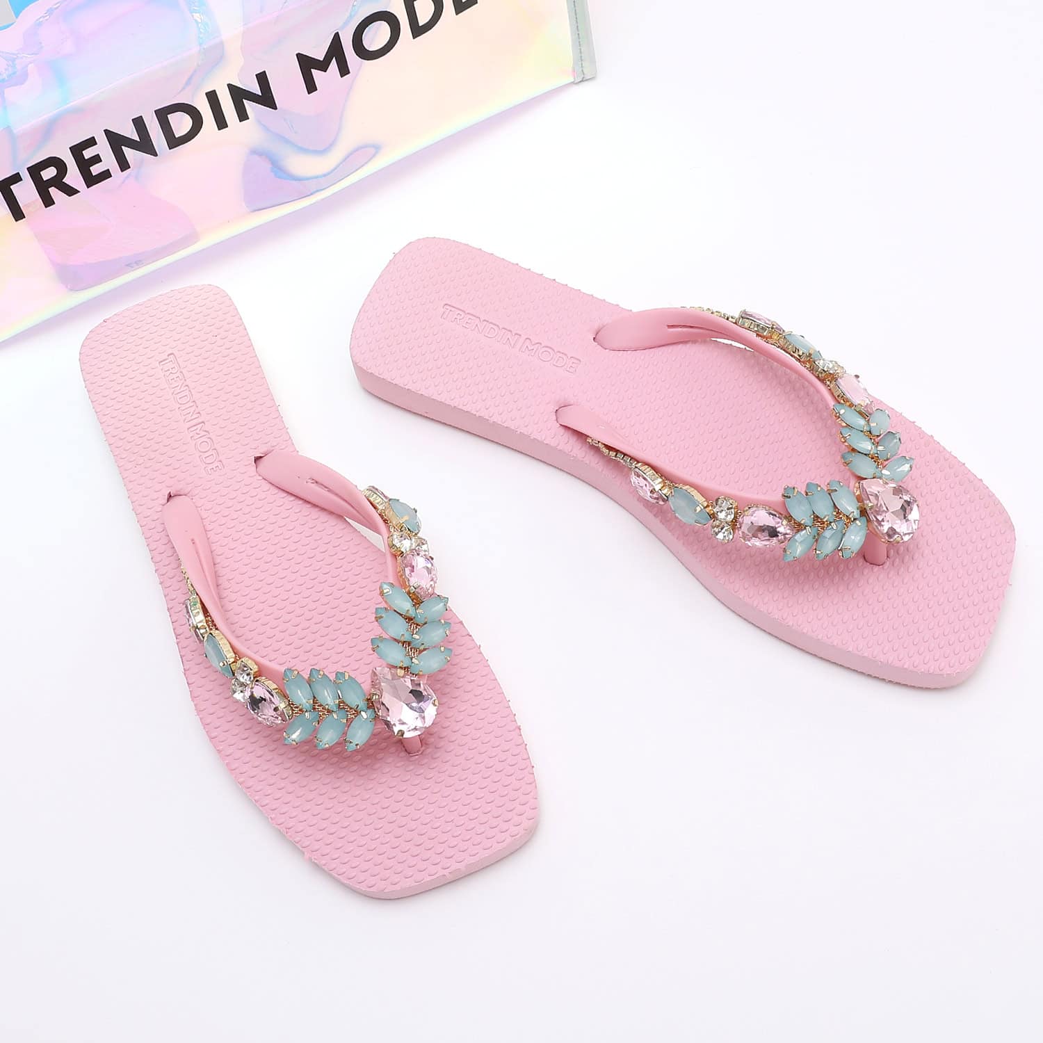 TM251990_SUMMER_PINK_6 Jeweled Flat Beach Sandals TM251990 Summer Pink - Image 1