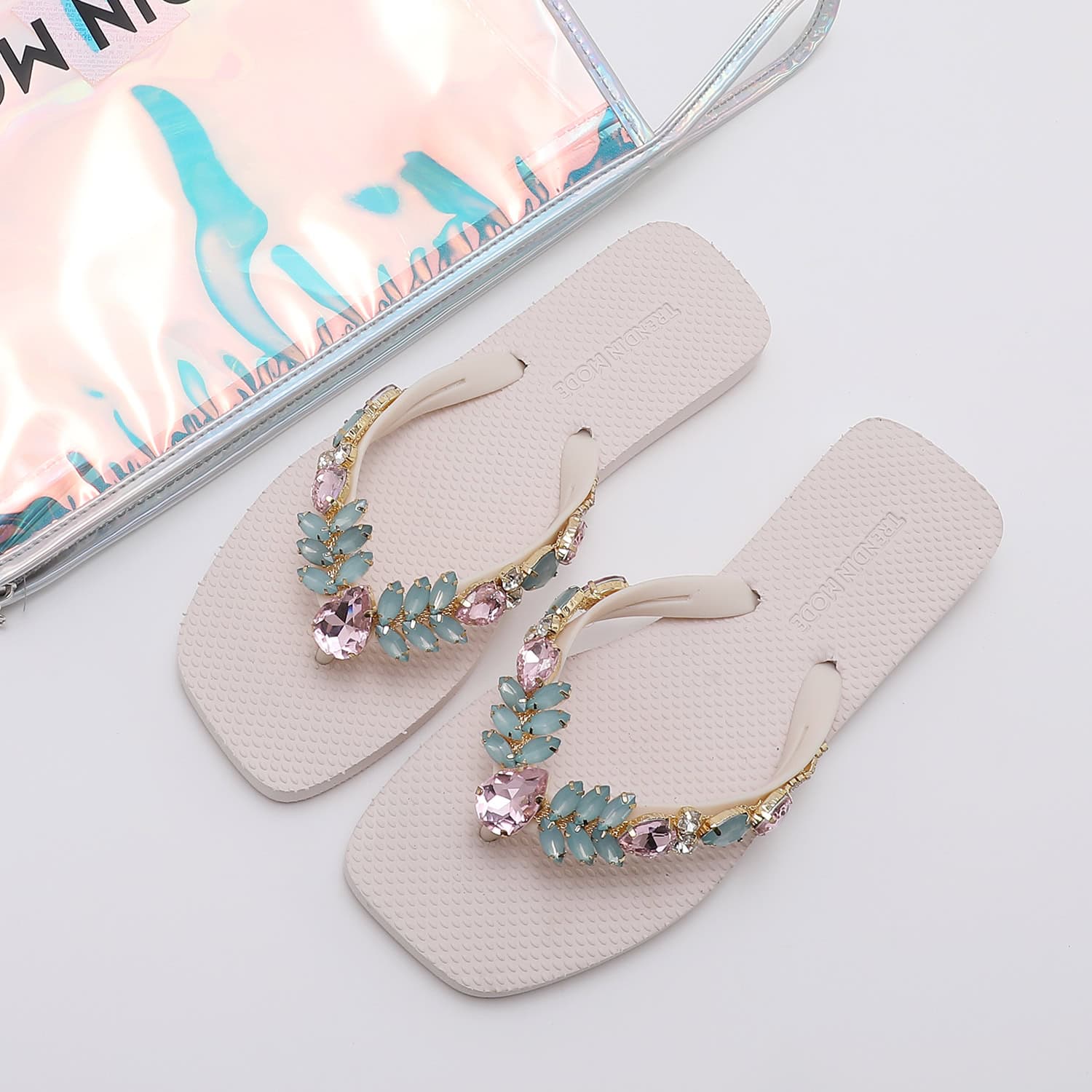 TM251990_SUMMER_WHITE_1 Jeweled Flat Beach Sandals TM251990 Summer White - Image 1