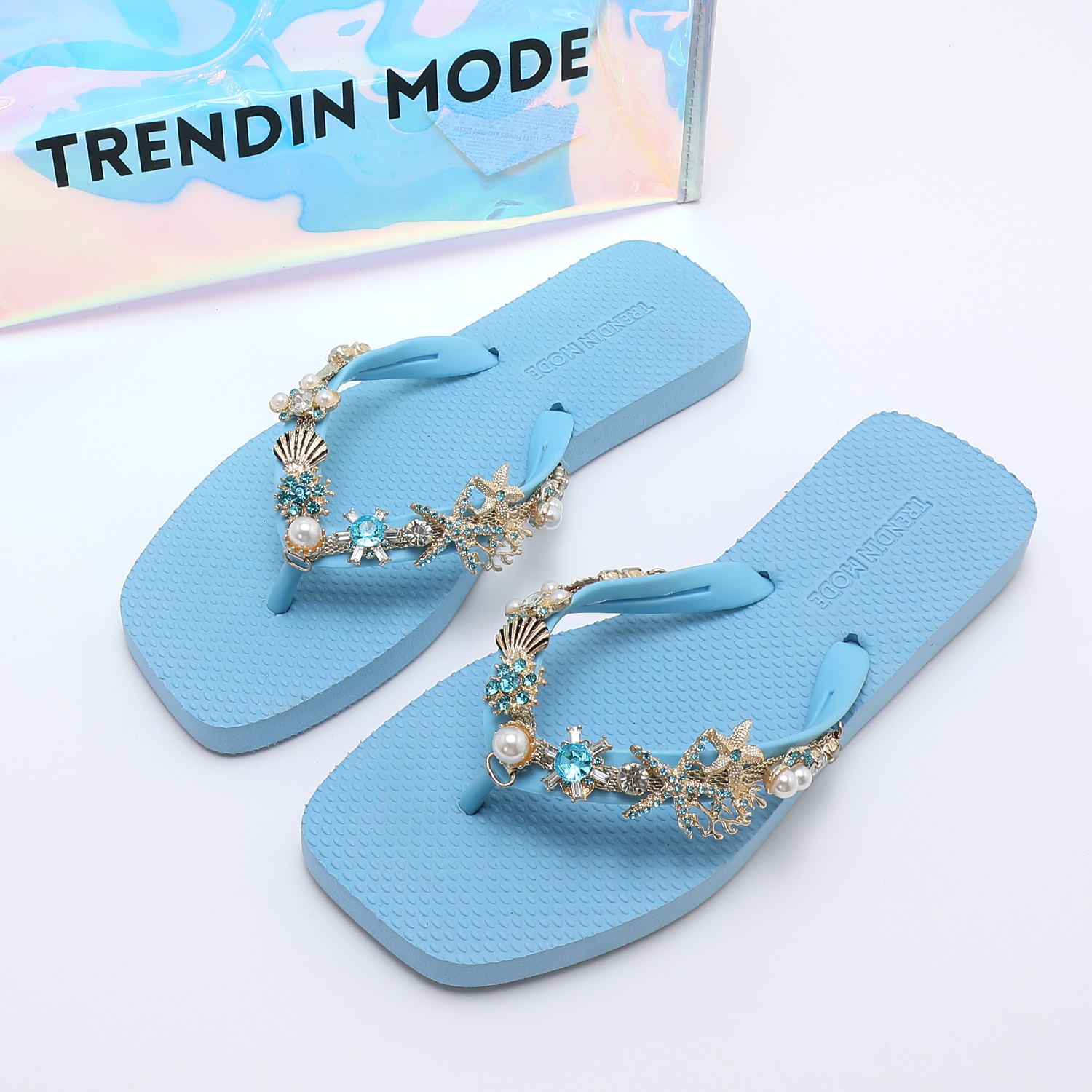 TM251991_SUMMER_BLUE_6 Jeweled Flat Beach Sandals TM251991 Summer Blue - Image 1