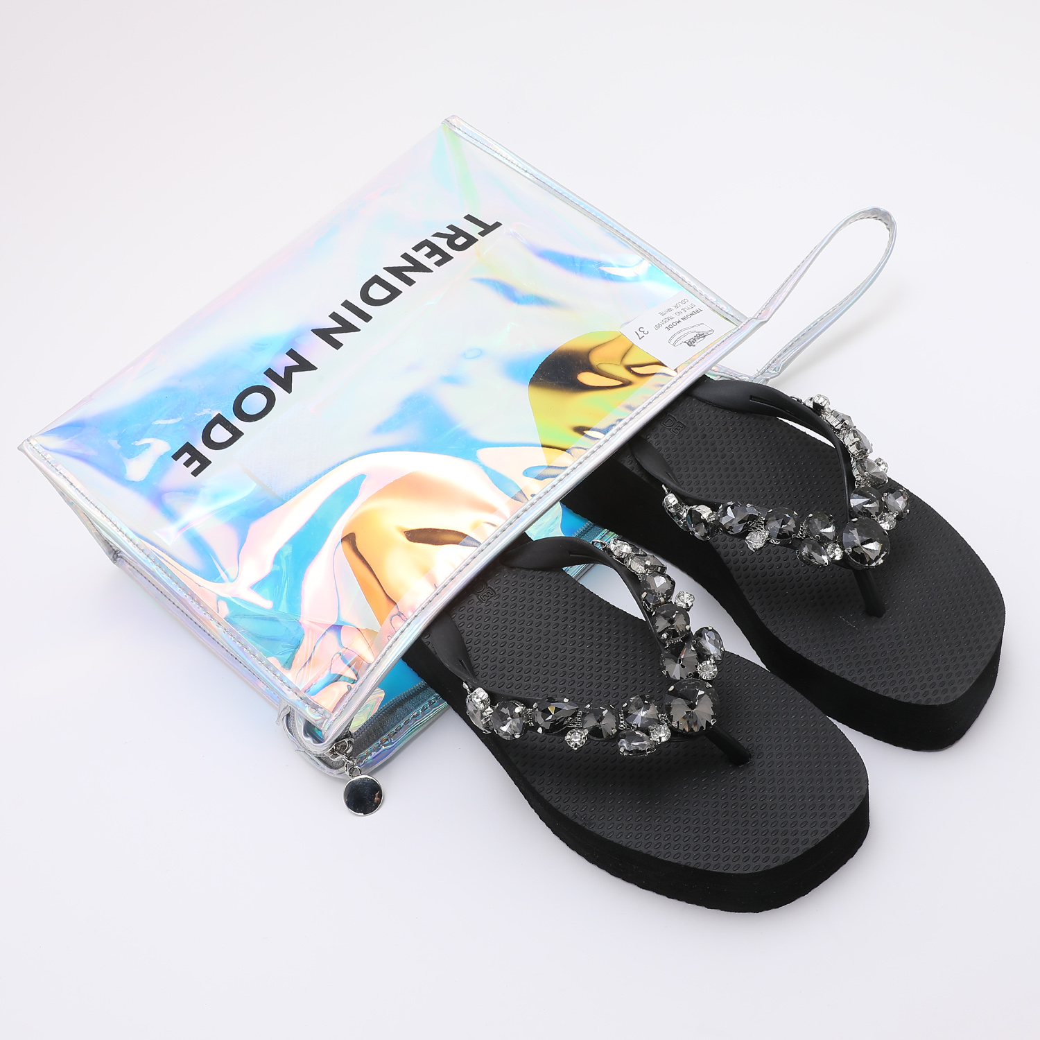 TM251997_BLACK_7 Jeweled Wedge Beach Sandals TM251997 Summer Black - Image 1