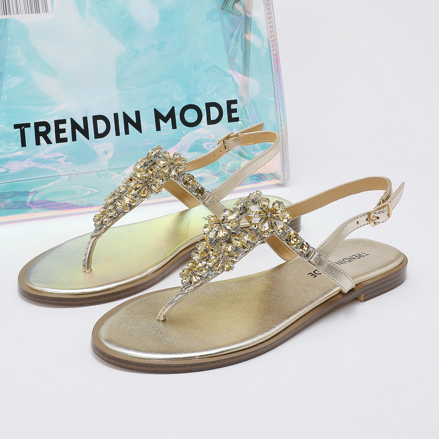 TMA10001_GOLD_5 Jeweled Flat Sandals TMA10001 Gold - Image 1