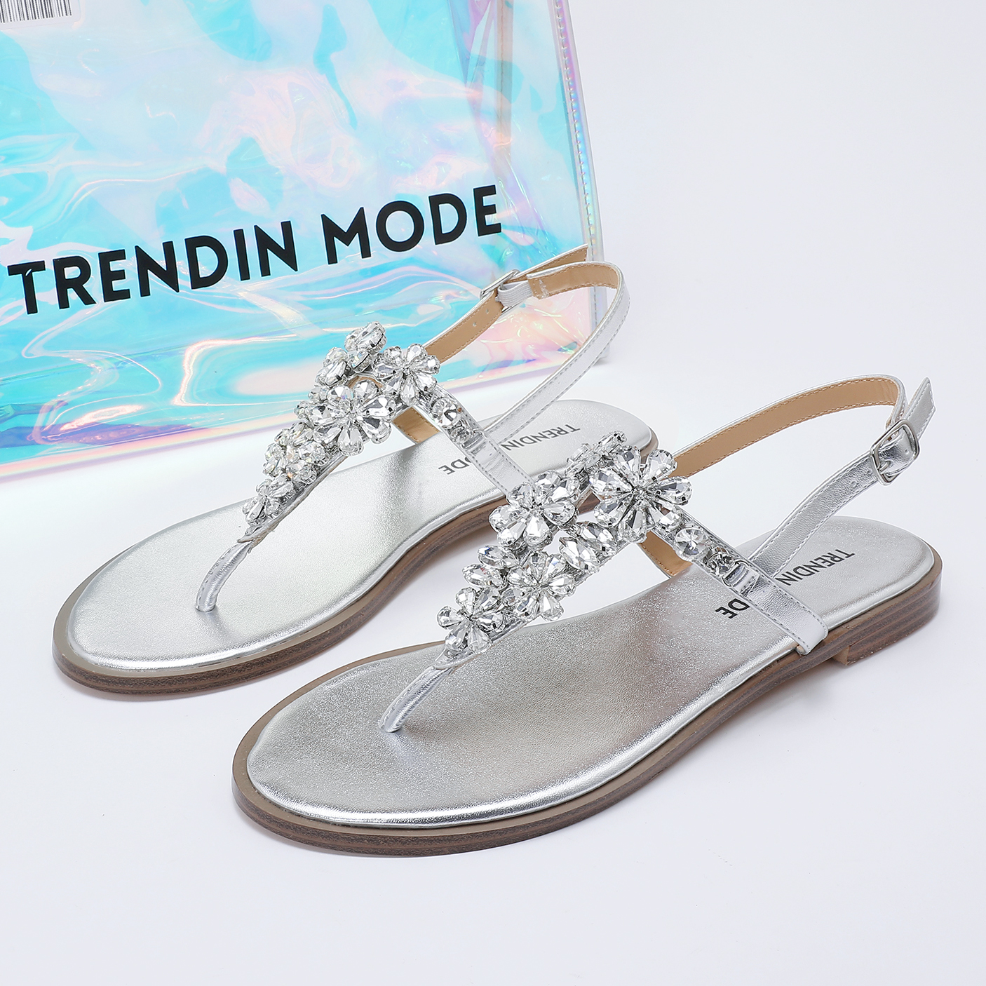 TMA10001_SILVER_5 Jeweled Flat Sandals TMA10001 Silver - Image 1